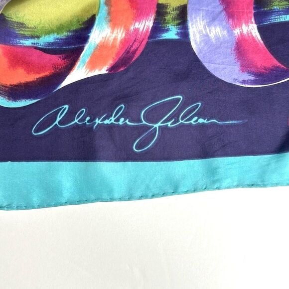 Alexander Julian Silk Scarf Scrolling Ribbons Plum Turquoise Hand Rolled - Picture 8 of 9